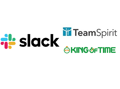 テレぐるで連携できるSlack、TeamsとKING OF TIME、TeamSpiritのロゴ